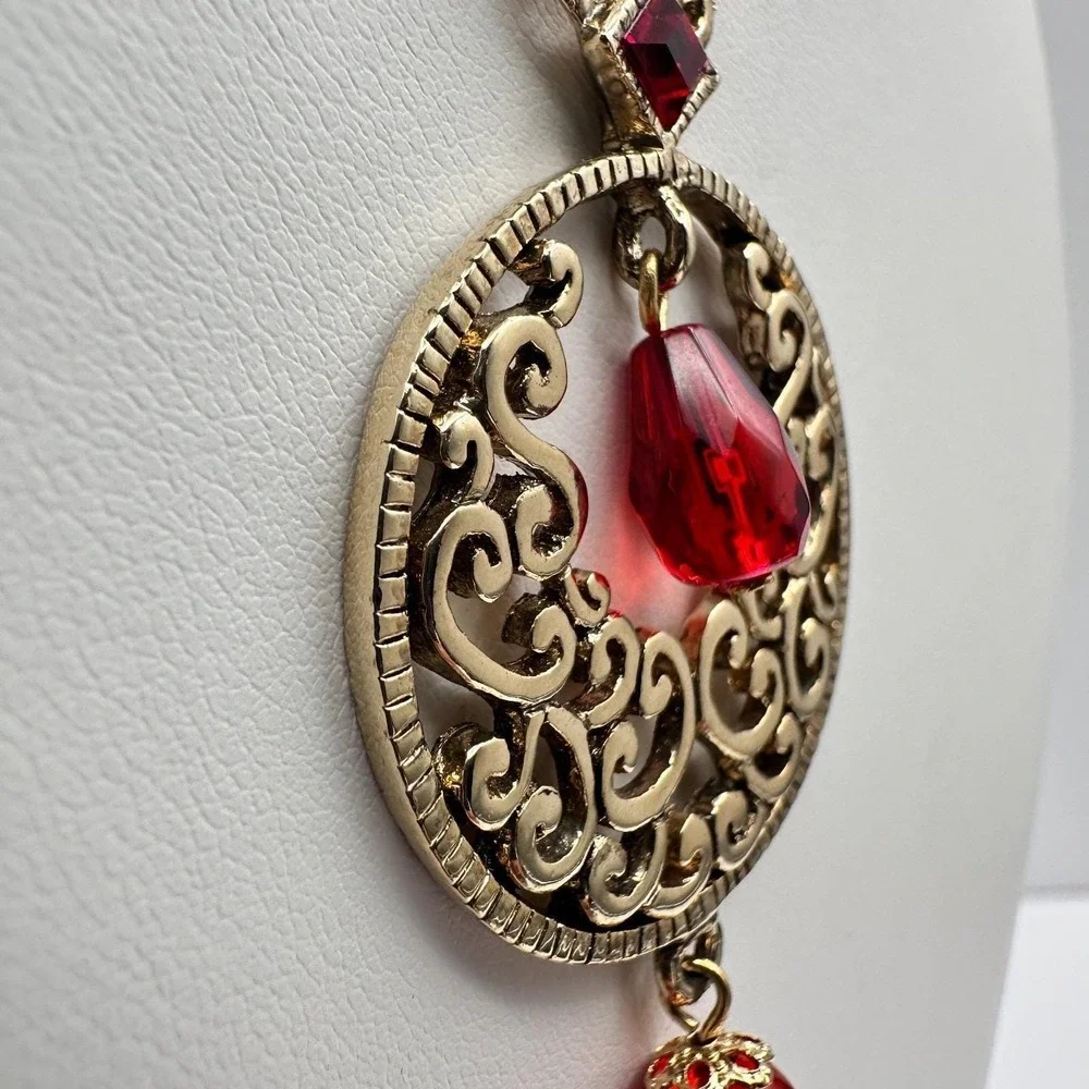 Vintage Y2K Cookie Lee Red Stone‎ Necklace Gold Tone Filigree Tassel Statement